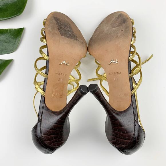 Alexandra Neel Heels Brown Gold Leather Sandals Strappy Italy Women's 39 US 9 - Picture 10 of 11